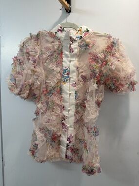 NWOT Sheer Floral Ruffle Button-Front Blouse in Light Pink